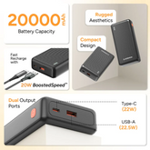 Ambrane Xtreme 20K 20000mAh Fast Charging Power Bank with in-Built Cable